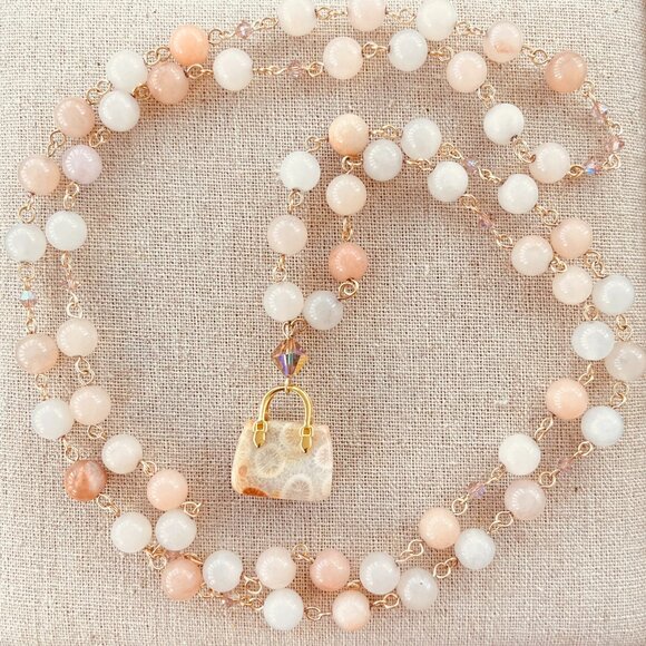 Gemstone Necklace, Peach Aventurine, Fossilized Coral Pendant, Swarovski Crystal - Picture 4 of 7